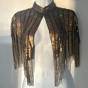 NWT Free People Black Gold Stripe Sequin Fringe Crop Top Cape O/S